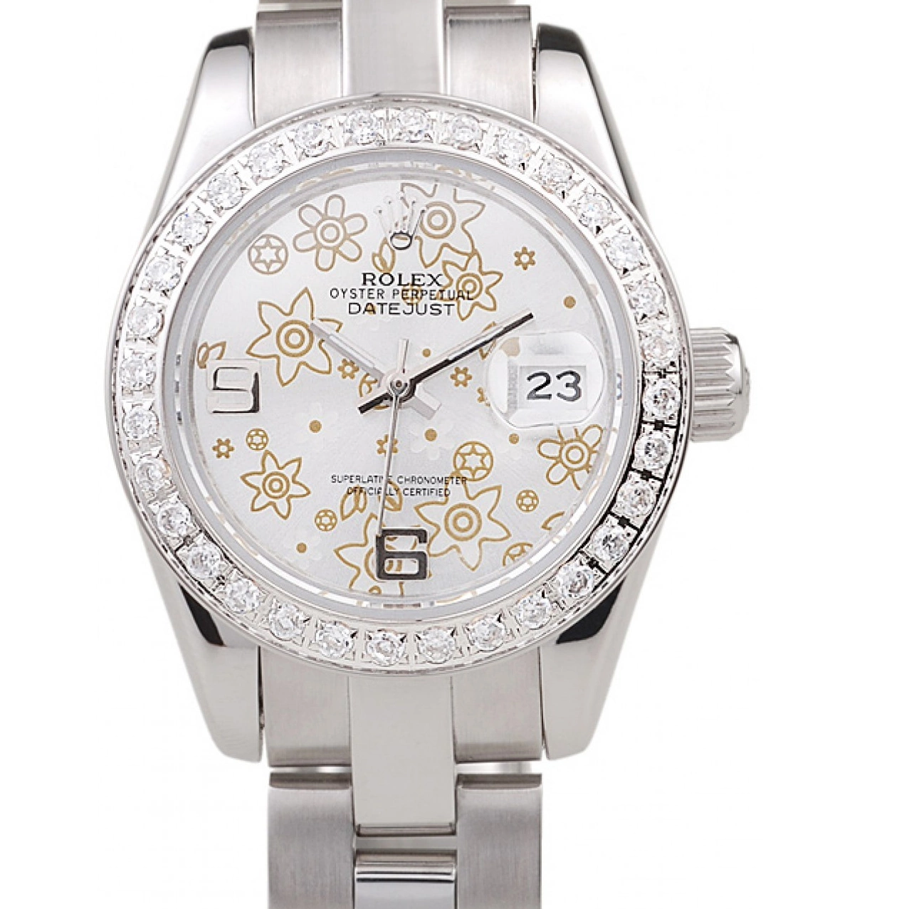 MiroTime 0710 Rolex Datejust Polished Stainless Steel Silver Flowers Dial Diamond Plated 98082
